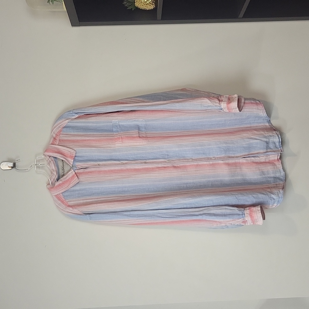 CARRIBEAN Blue Coral White Stripe Linen Blend Long Sleeve Button Down